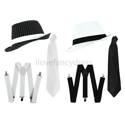 £10.99 • Buy Deluxe Pinstripe Gangster Hat Braces And Tie Trilby Fedora Fancy Dress 3 Pc Set