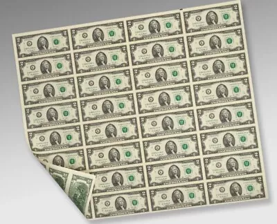 $2 Dollar Bills Uncut Sheet Of 32 Notes Federal Reserve Mint Role Real Collect • $225