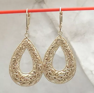 Technibond Bordered Byzantine Drop Dangle Earrings 14K Yellow Gold Plated Silver • $102.20