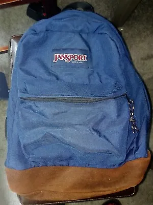 $30 • Buy Vintage Jansport Leather Bottom Backpack Day Pack Made In USA Blue Hiking