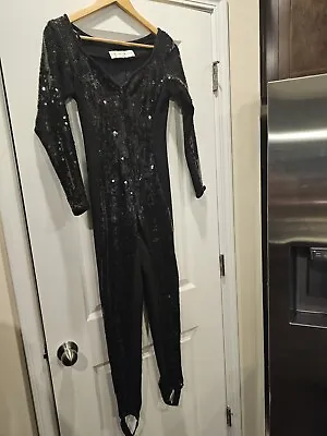 Vintage Lillie Rubin Black Sequin Long Sleeve Jumpsuit Catsuit Romper Small • $129