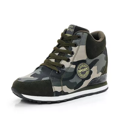 Women Hidden Heel Wedges Sneaker High Top Trainers Camouflage Sport Casual Shoes • £15.99