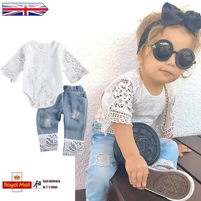 £11.99 • Buy Infant Baby Girl Lace Long Sleeve Clothes Romper Bodysuit Denim Pants Outfits