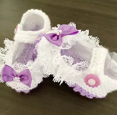 Baby Girl Frilly Lace Knitted Shoes Premature To Newborn Baby Shower Gifts • £3.75