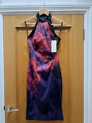 Karen Millen UK 10 RARE VINTAGE Purple RED Black SATIN ORIENTAL PENCIL DRESS New • £39.99