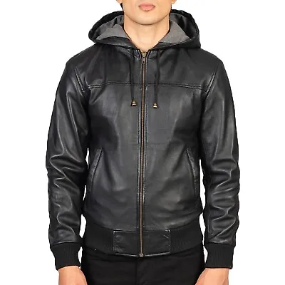 Men Black Hooded Leather Bomber Jacket Handmade Sheepskin Leather Winter Jacket • $53.33