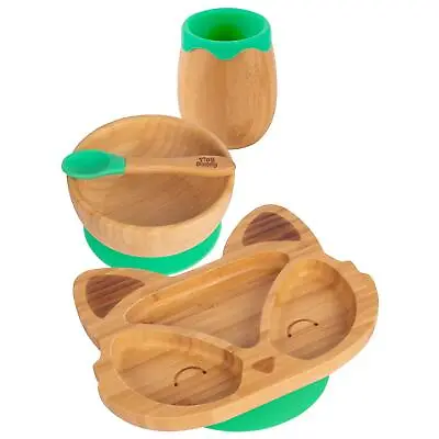 4pc Tiny Dining Green Fox Bamboo Baby Feeding Set Weaning Plate Bowl Spoon • £26