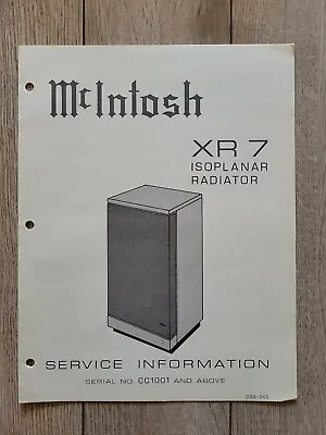 McIntosh XR 7 Isoplanar Radiator Service Information • $15