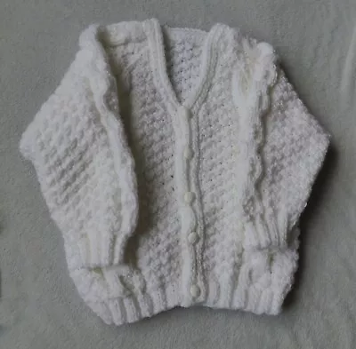 Hand Knitted Boys Aran Cardigan Age 2 /3 Years White • £12