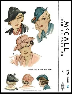 McCall 375 PATTERN BRIMMED Hats Cap 1930's 23  • $5.99