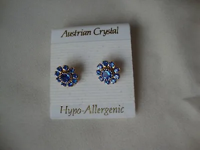 Vintage Austrian Crystal Blue Crystal Flower Cluster Gold Tone Stud Earrings • $4.99