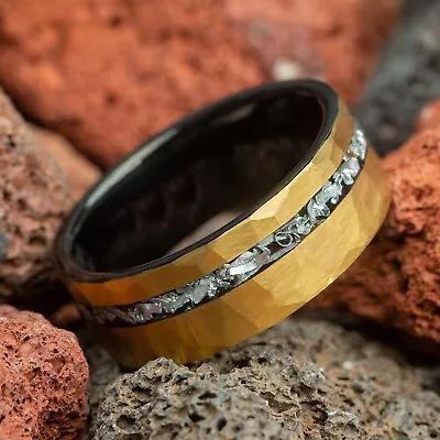 Meteorite Hammered Yellow Gold & Black Tungsten Men Wedding Ring 8mm Comfort Fit • $119.98