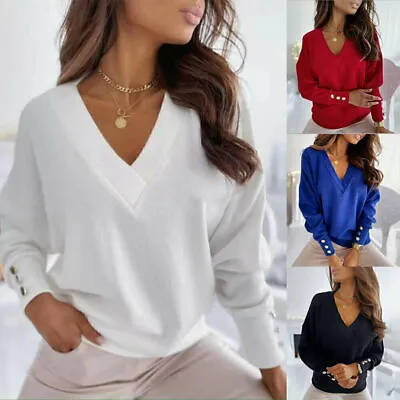 Womens V Neck Long Sleeve T Shirt Blouse Ladies Loose Jumper Pullover Tops Size • £3.09