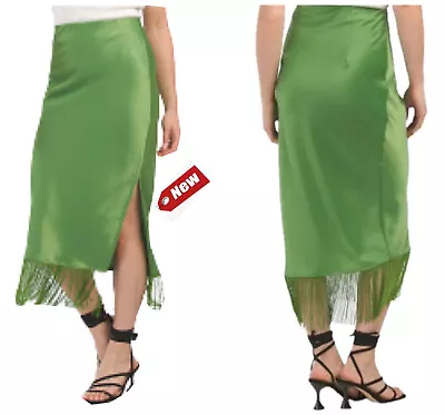 Rachel Zoe Womens Skirt Satin Silk Slip Pencil Cut Fringe Trim Green Size 6 NWT • $80