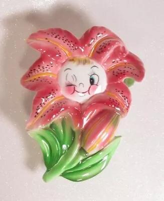 Vintage PY Anthropomorphic Pixie Face Pink Tiger Lily Flower Wall Pocket Japan • $1050