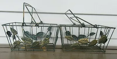 Set Of 4 Vintage Metal Wire Baskets With Leaf Design Green And Gold • $24