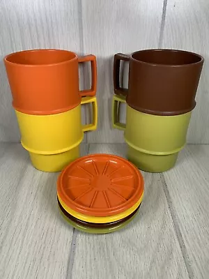 Vintage Tupperware Coffee Mugs With Lids Coasters #1312 Harvest Colors 70s • $35.99