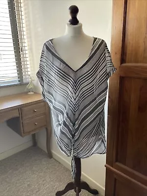 £14.99 • Buy FLINT & MOSS Grey & White Striped Oversize Top Size 14 Tie Front Semi Sheer