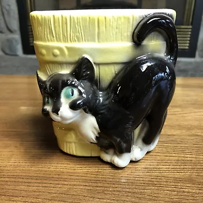 Vintage ROYAL COPLEY Green Eyes Black Cat Yellow PLANTER MCM Kitty Kitten Basket • $35