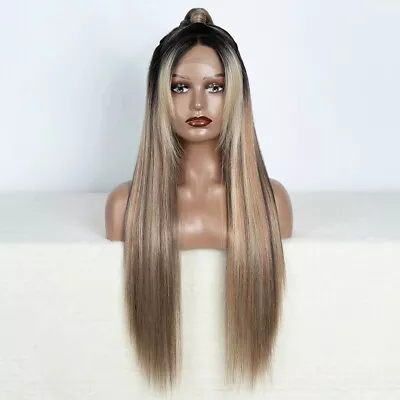 Lace Front Wig Blonde Brown Root Long Straight Heat Resistant Synthetic Handtied • £55