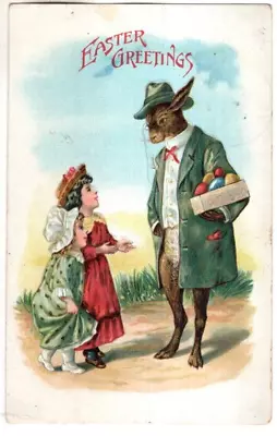 ANTIQUE EASTER Postcard  RABBIT WEARING GREEN COAT AND HAT TALKING WITH CHILDREN • $2.25