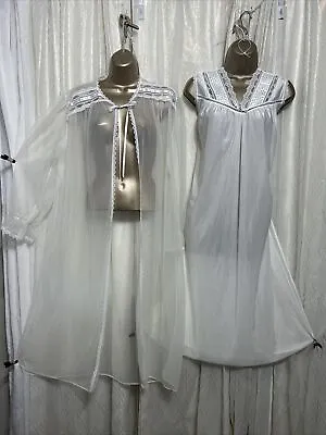 VTG L XL Bridal White Sheer Chiffon Nightgown Peignoir Vanity Fair Gown • $79.99