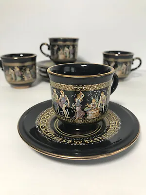 Set Of 4 Coffee Cups And Saucers 24kt Gold On Black Hand Made In Greece • $68.90