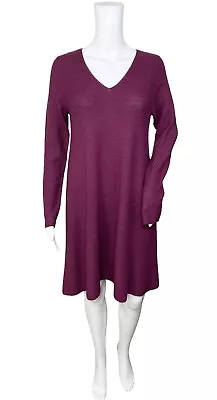 Eileen Fisher Dress XS Merino Wool V-neck Ribbed Knit Burgundy Red Wine • $44.99