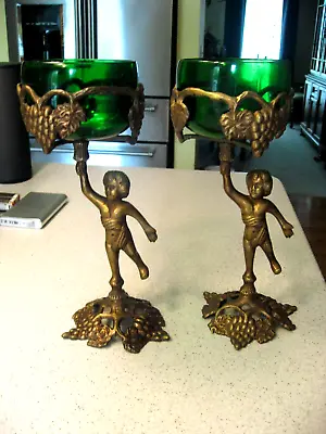 Vtg Bronze Cherub With Grapevines Holding Green Glass Candle Holders About 10 T • $20