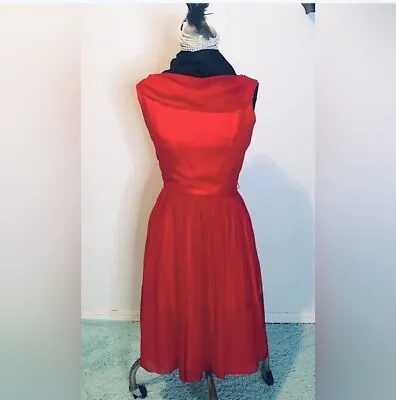 Vintage 1950s Chiffon Red Dress With Cascading Scarf • $65