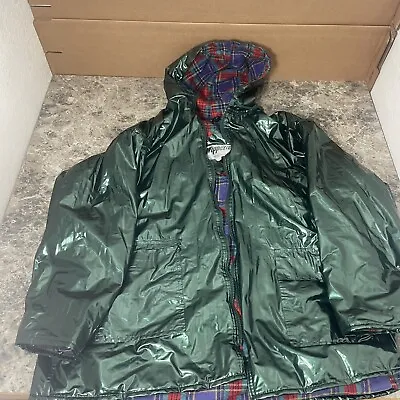 Vtg Wippette Rain Things Emerald Green Vinyl Raincoat Plaid  Quilted  Sz Xl • $49.99