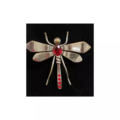 Vintage Silver Tone Red Stone Dragonfly Brooch • $12