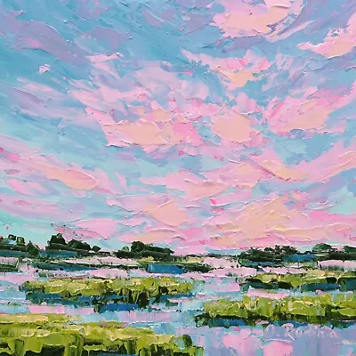 Sunset Over Marsh Painting Oil Original Low Country Art Evening Sky Scenery 6x6 • $55