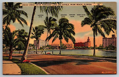 Vintage Postcard FL Miami Indian Creek Drive Pancoast Lake Hotels -4059 • $2.01