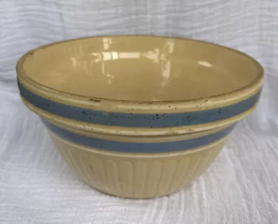 Vintage Mixing Bowl Yellow Ware 9.5” Diameter Blue & White Banded • $36.80