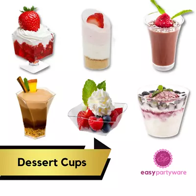 Plastic Tumbler Dessert Cups Clear Mousse Pots Wedge Shot Mini Round Party Cups • £11.99