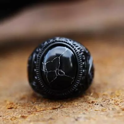 Vintage Black Agate Signet Ring Stainless Steel Men's Wedding Jewelry Biker Ring • $9.99