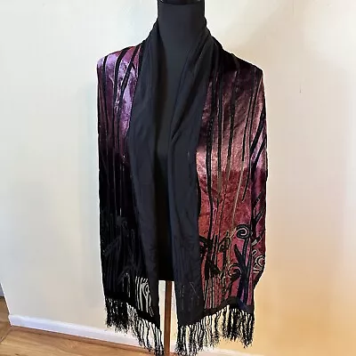 Womens Purple Maroon Velvet Floral Silk Scarf Shawl Wrap Formal Eveningwear • $21.99