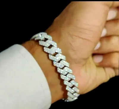 Round 8Ct Real Moissanite Diamond Men's Cuban Link Bracelet 925 Sterling Silver • $423.50