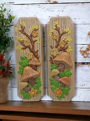 Vintage Mushroom Floral 1970s Chalkware Wall Hanging Set Of 2 • $34.99