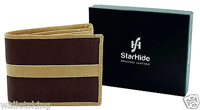 Starhidde Gents Luxury Brown Real Leather & Canvas Slim Wallet Gift Boxed 1214 • £15.95