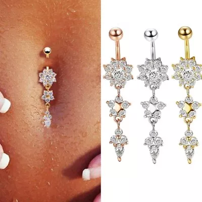 Flower Glitter Stainless Steel Dangle Belly Button Piercing Navel Bars Ring Body • $5.45