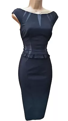 10 UK KAREN MILLEN Black Wool Tuxedo Matt & Shine Cocktail Office Pencil Dress • £69.99