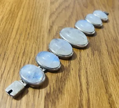 Vintage Moonstone Sterling Silver Bracelet Huge Cabochons Stunning Shimmer 7.5’ • $168.26