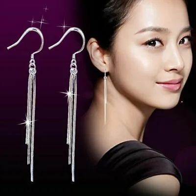 Luxurious Long Vertical Lines Tassel Threader 925 Sterling Silver Drop Earrings • £3.99