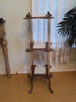 Vintage Ornate Victorian Brass Marble Top 3 Tier Plant Fern Stand Table • $290