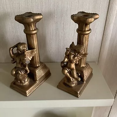 Pair Of Small Ceramic Cherub Candle Holders 7” Tall / Gold Finish • £14.99