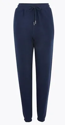M&S Ladies Goodmove Navy Cotton Brushed Tapered Ankle Grazer Joggers Size 6 • £8.50