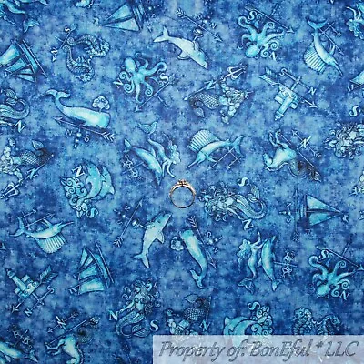 BonEful Fabric FQ Cotton Quilt Blue Fish Water Whale Sea Horse Octopus Mermaid S • $5.25