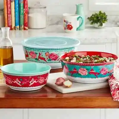 Pioneer Woman Festive Forest Melamine Serving Bowl W Lids 6Pcs Set Green Red New • £31.84